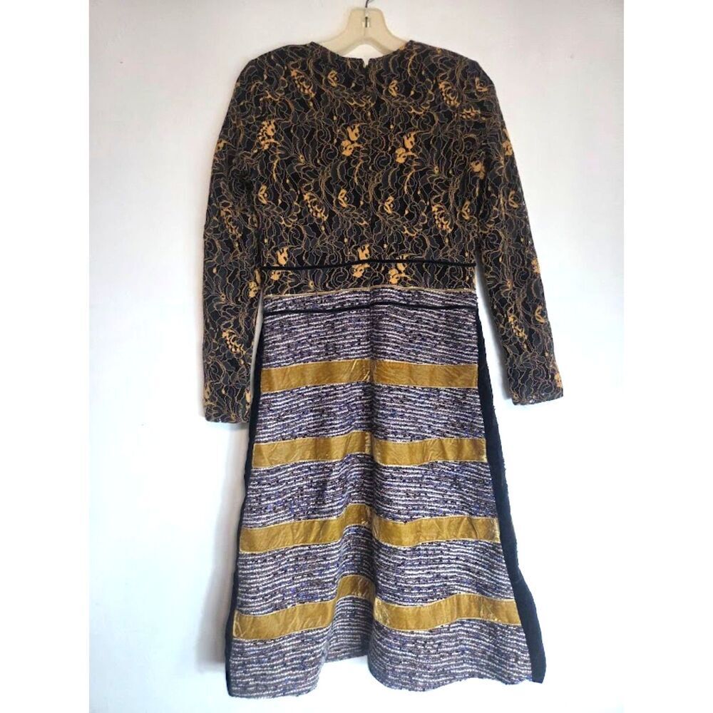 Sara Navon Black Gold Grey Floral Jacquard Tweed Velvet A-Line Dress size Small - Picture 2 of 7
